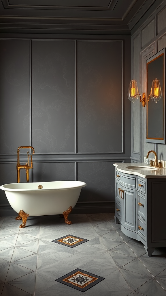 Art Deco bathroom featuring a freestanding bathtub, grey walls, gold fixtures, and elegant tile flooring.