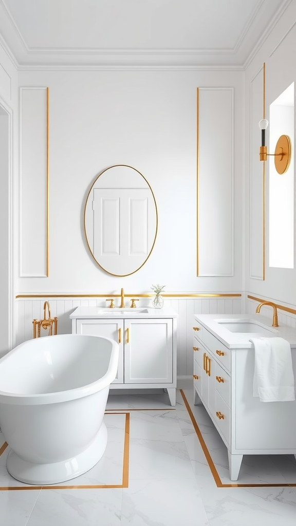 An elegant Art Deco bathroom featuring a white freestanding tub, white cabinetry, and brass accents.