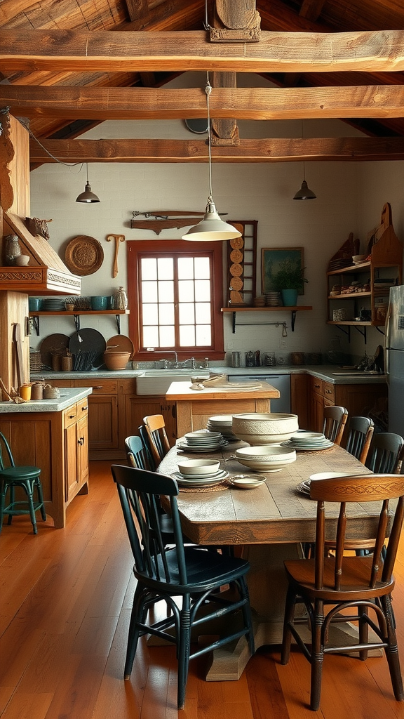 A rustic kitchen and dining area with wooden beams, a large table, and vintage decor.