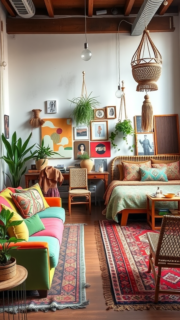 A cozy boho style living room and bedroom combo featuring colorful furniture, artistic wall decor, and plants.