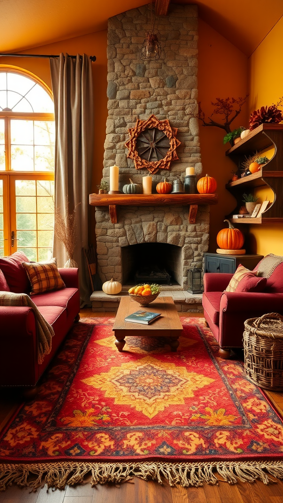 Cozy autumn living room with stone fireplace, red sofas, and pumpkin decorations