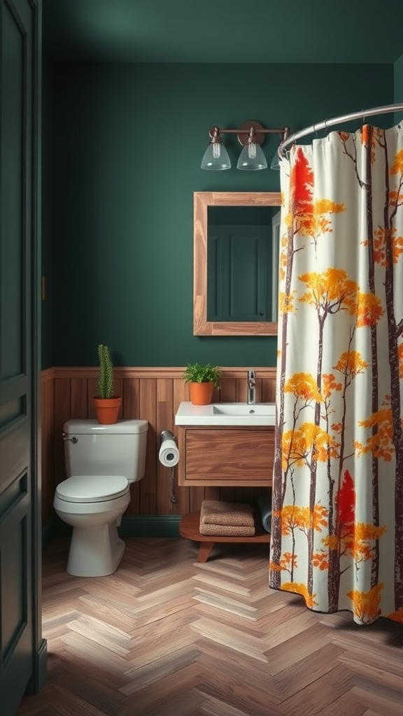 Cozy autumn-themed bathroom with dark green walls and colorful tree shower curtain.