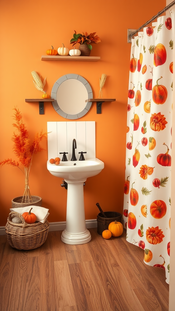 Cozy autumn-themed bathroom with orange walls, pumpkins on shelves, and a decorative shower curtain.