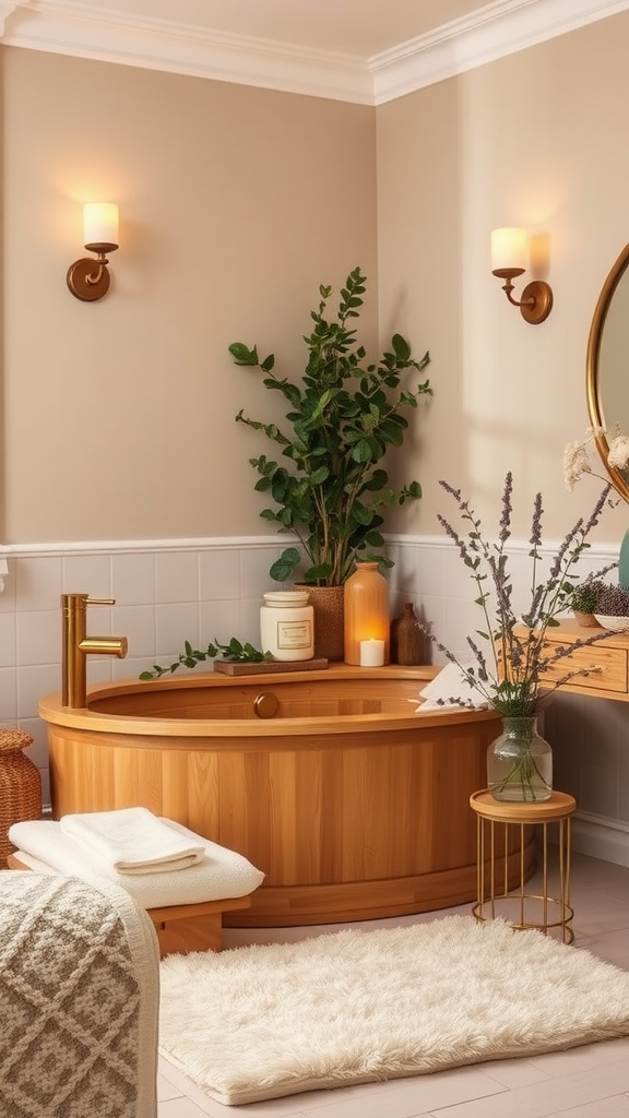 Cozy autumn bathroom with a wooden bathtub, soft towels, plants, and candles