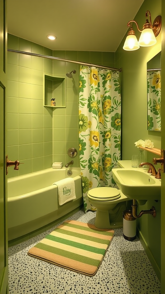 A small vintage bathroom with avocado green tiles, floral shower curtain, and retro fixtures.