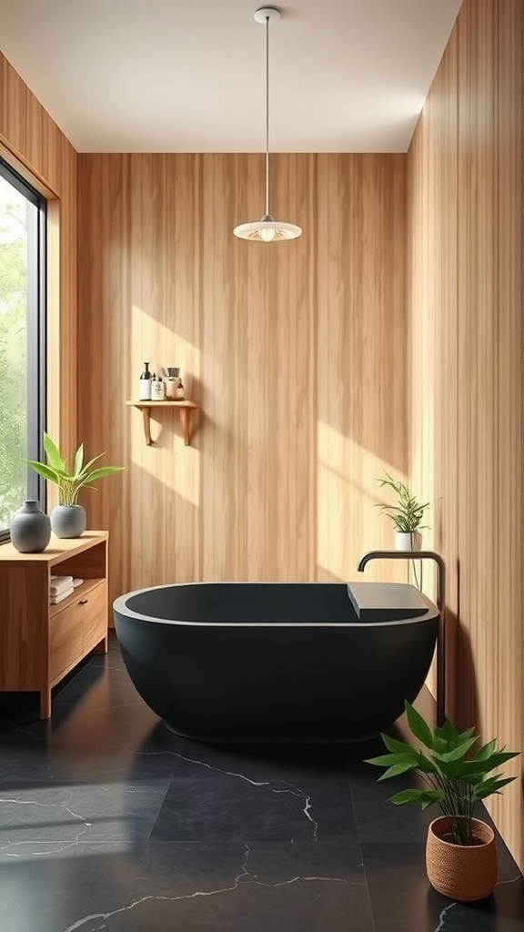 A modern bathroom featuring a black tub, warm wood walls, and plants, creating an earthy atmosphere.