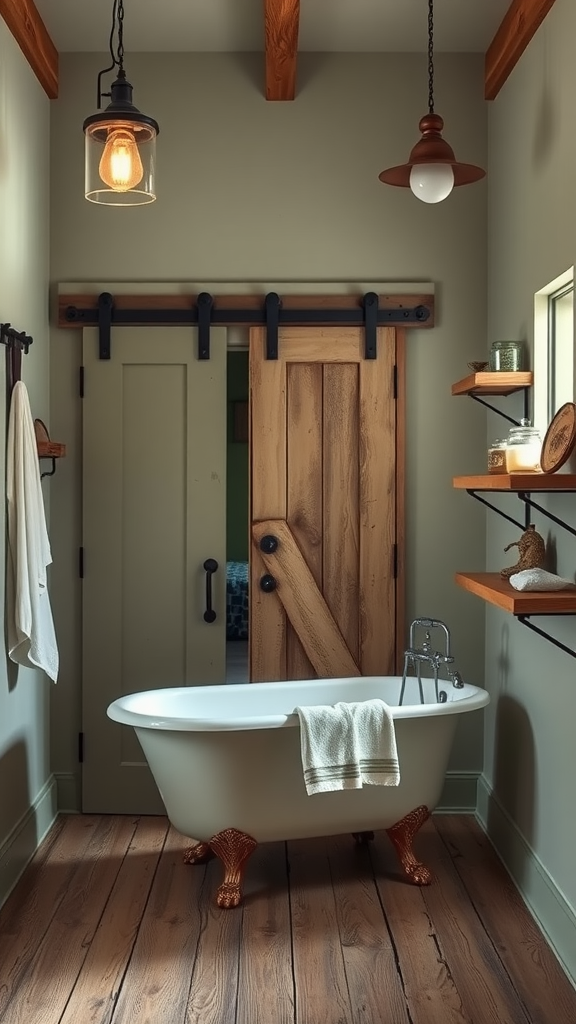 A rustic bathroom with a wooden barn door entrance, a freestanding bathtub, and wooden shelves.