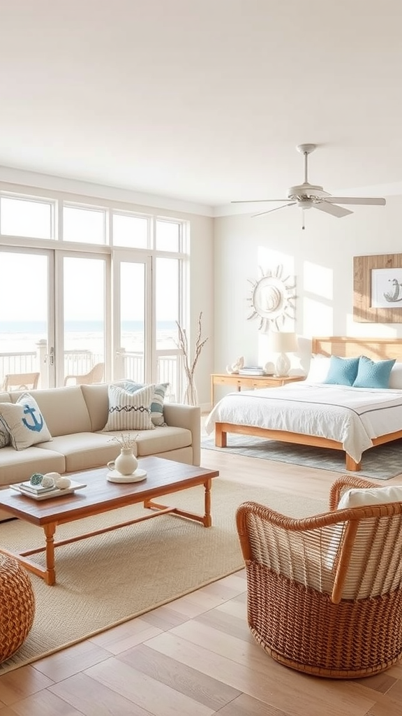 Bright and airy beachfront living room-bedroom combo with ocean views, light wood tones, and nautical decor.