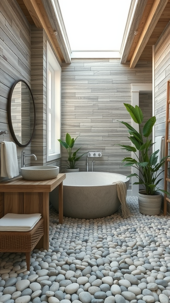 A beach-inspired bathroom featuring pebble flooring, a freestanding round tub, wooden elements, and greenery.