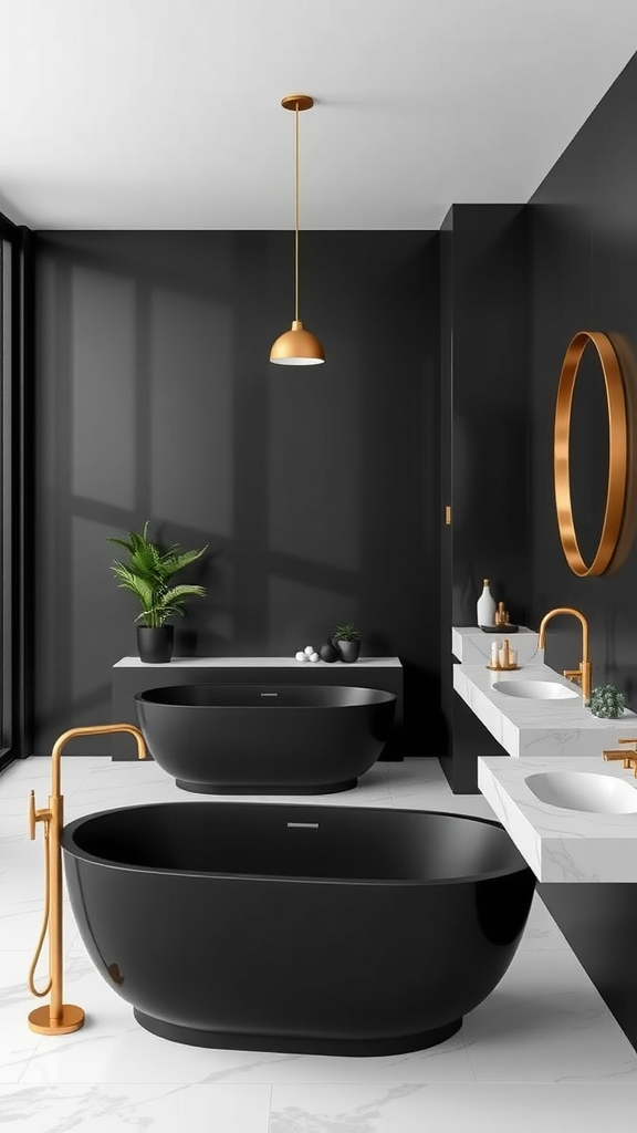 A minimalist bathroom featuring black bathtubs, brass fixtures, and modern design elements.