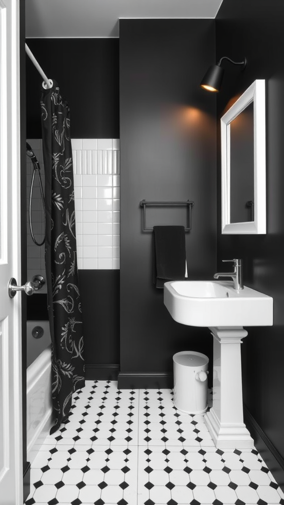 A small bathroom featuring black walls, white tiles, and a stylish black and white color scheme.