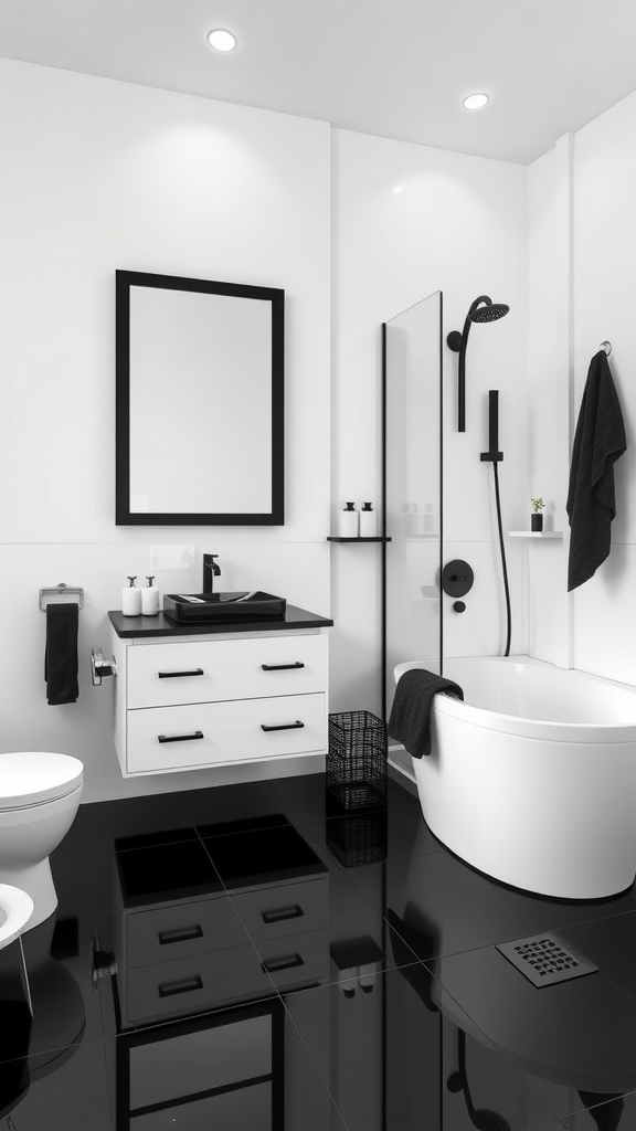 A minimalist black and white bathroom featuring black tiles, a white bathtub, and modern fixtures.