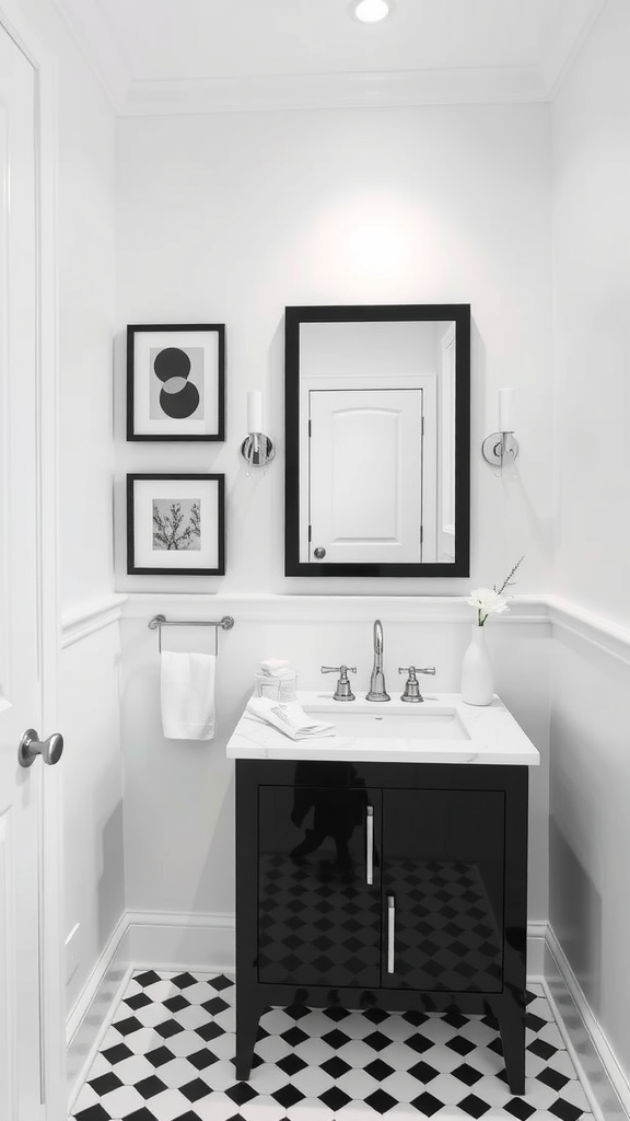 A modern black and white half bathroom featuring a black vanity, checkered floor, and stylish decorations.