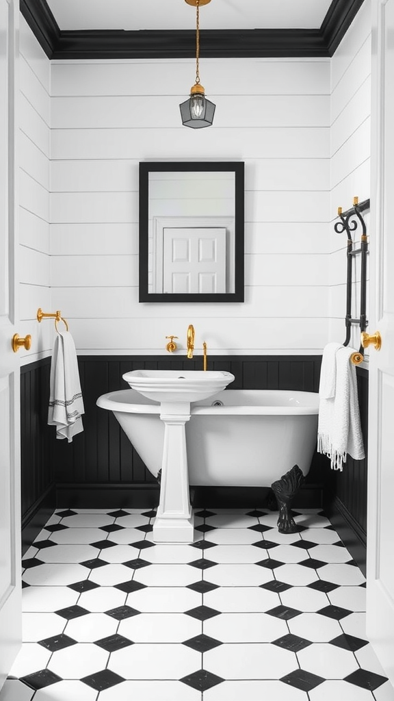 Black and white farmhouse bathroom featuring shiplap walls, a freestanding bathtub, hexagonal floor tiles, and gold fixtures.