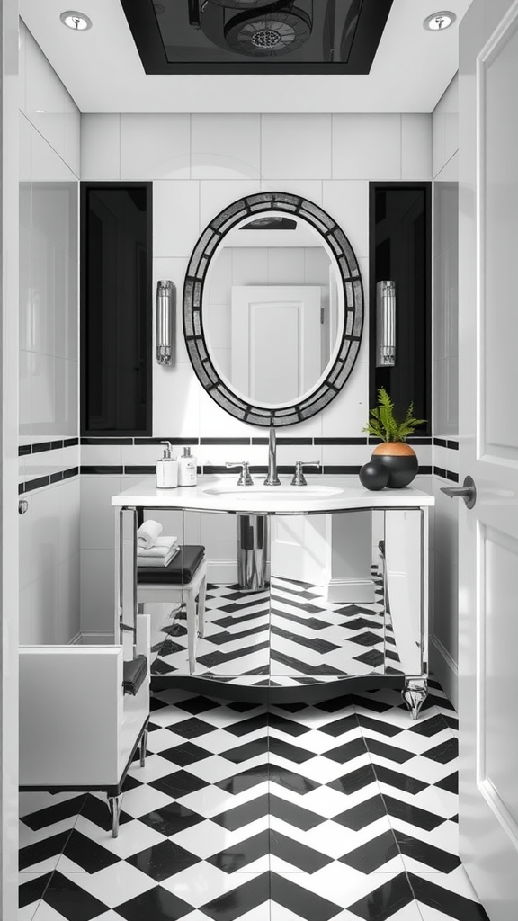 Art Deco bathroom featuring black and white geometric designs with chevron floor, round mirror, and chrome fixtures.