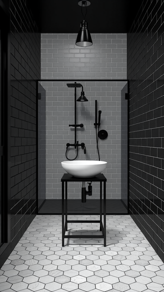 Black and white industrial bathroom with hexagonal tiles and minimalist fixtures