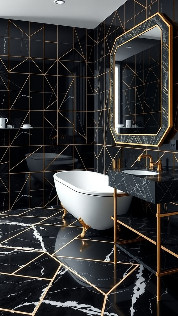 A luxurious black marble bathroom featuring geometric patterns, a freestanding white bathtub, and gold accents.