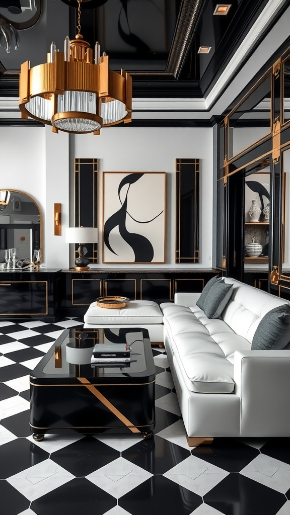 A sophisticated Art Deco living room featuring a black and white checkerboard floor, a sleek white couch, a brass chandelier, and modern artwork