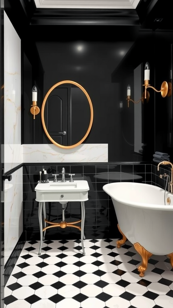 A stylish bathroom featuring black walls, white tiles, a claw-foot bathtub with golden legs, and hexagonal black and white floor tiles.