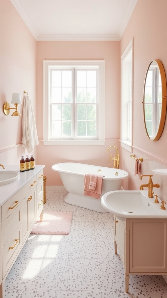 A bathroom featuring blush pink walls, brass fixtures, and elegant white bathtubs.