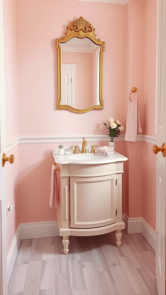 A small half bathroom with blush pink walls, a gold-framed mirror, and a stylish white vanity.