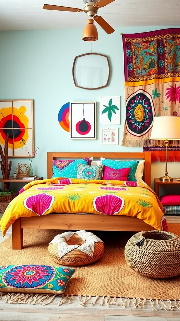 A colorful bohemian bedroom featuring bright yellow bedding, eclectic artwork, and natural materials.