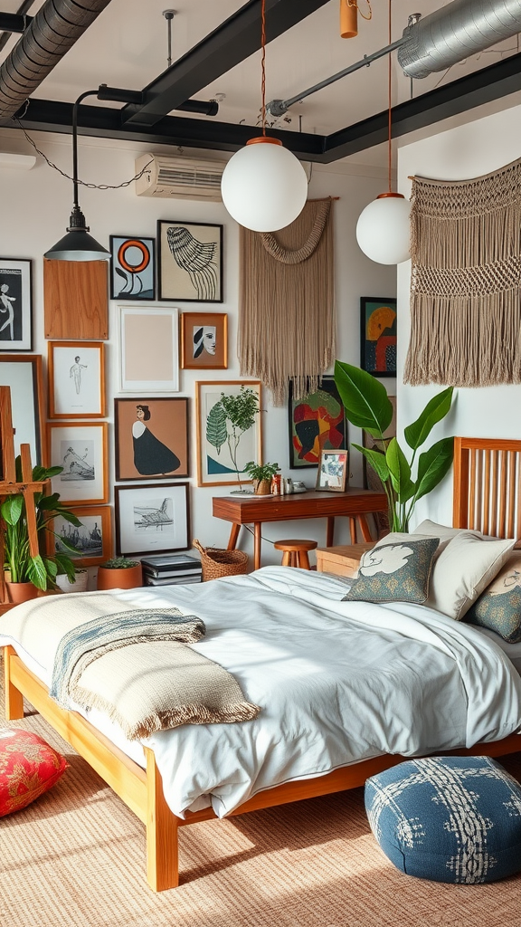 A cozy and colorful bohemian artist's loft bedroom featuring a wooden bed, vibrant cushions, framed art on the walls, and indoor plants.