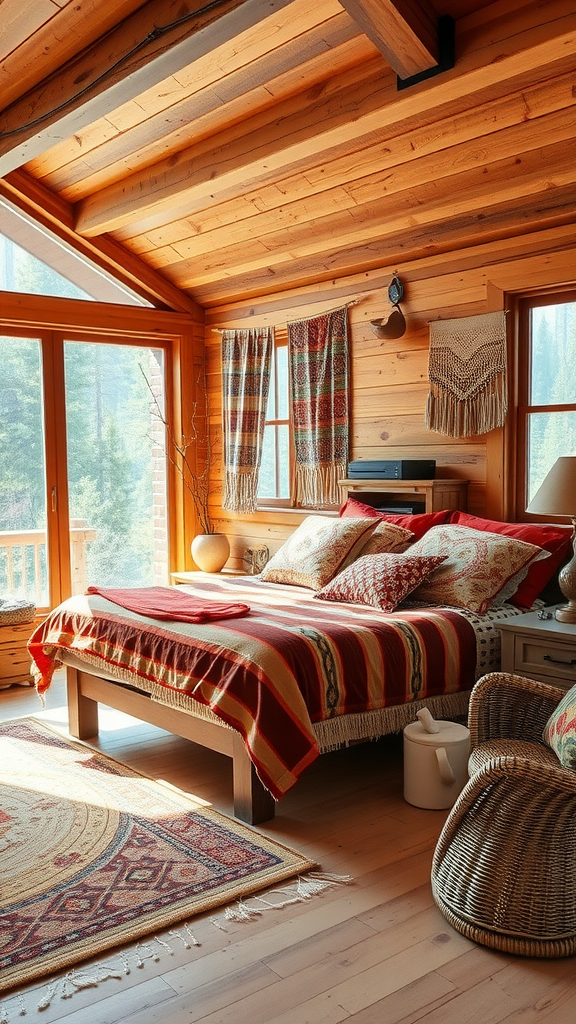 A cozy bohemian cabin bedroom featuring wooden walls, a striped blanket on the bed, vibrant pillows, and woven decor.