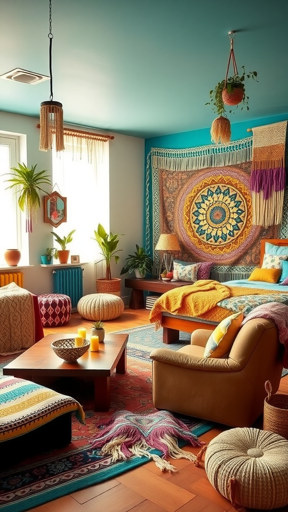 A cozy living room and bedroom combo featuring Bohemian decor with vibrant colors and patterns.