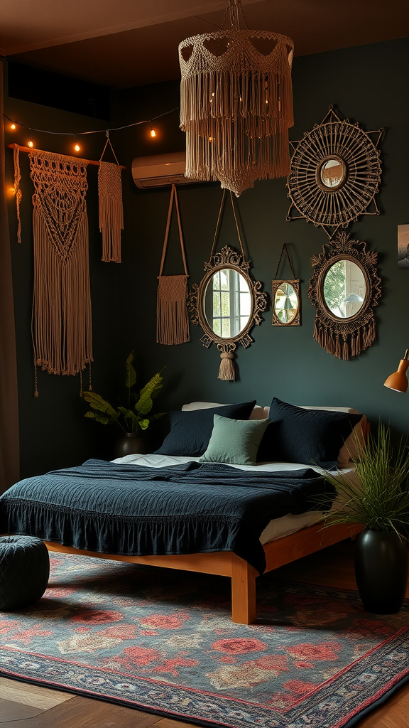 A cozy bohemian dark bedroom featuring a wooden bed, layered bedding, macramé wall hangings, mirrors, and plants.