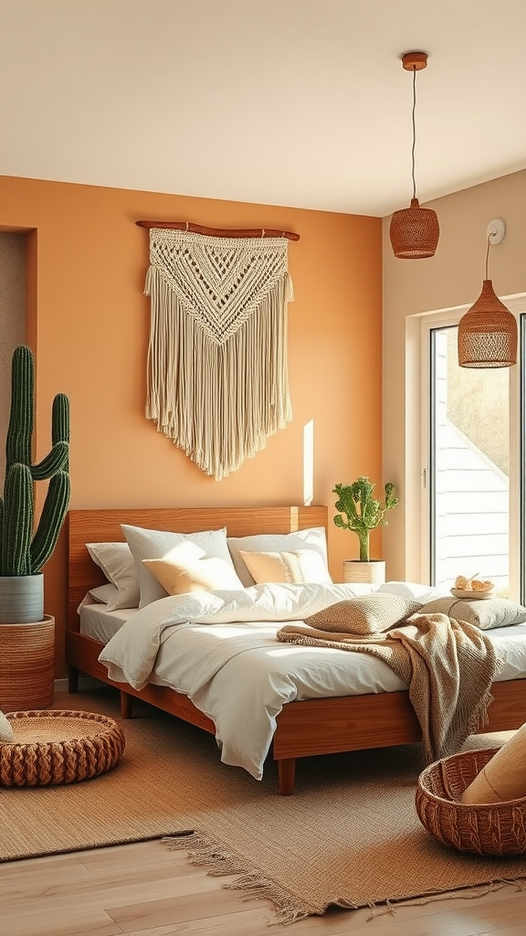 A cozy bohemian bedroom featuring earthy tones, a macrame wall hanging, a cactus plant, and soft bedding.