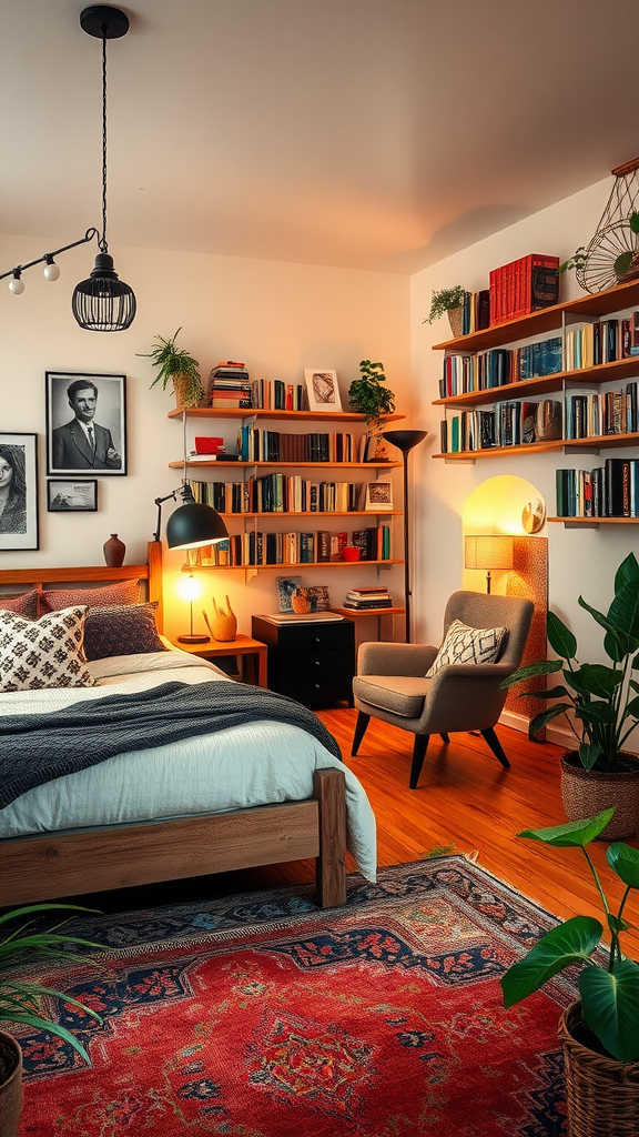 A cozy bohemian bedroom with a reading nook, featuring a wooden bed, colorful rug, bookshelves filled with books and plants, and warm lighting.