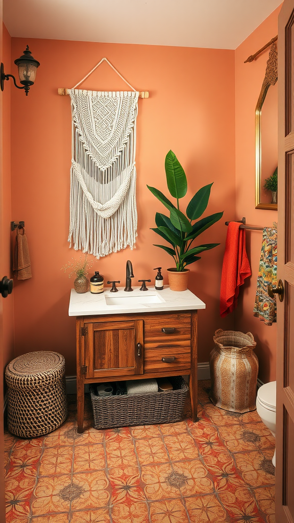 A cozy bohemian farmhouse bathroom featuring an orange wall, macramé wall hanging, wooden vanity, potted plant, and patterned floor.