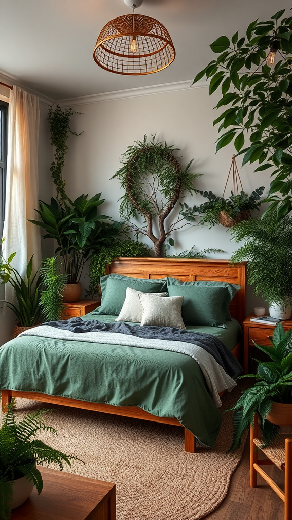 A bohemian forest-themed bedroom featuring a wooden bed, green bedding, and various indoor plants.