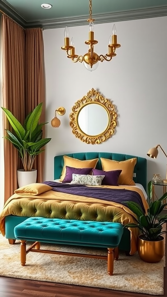 A stylish bohemian glamour bedroom featuring a vibrant color palette with gold accents, a turquoise bed frame, and lush plants.