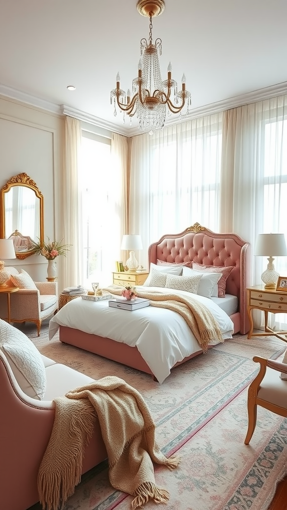 A cozy and elegant bedroom featuring a pink tufted bed, chandelier, and gold accents.