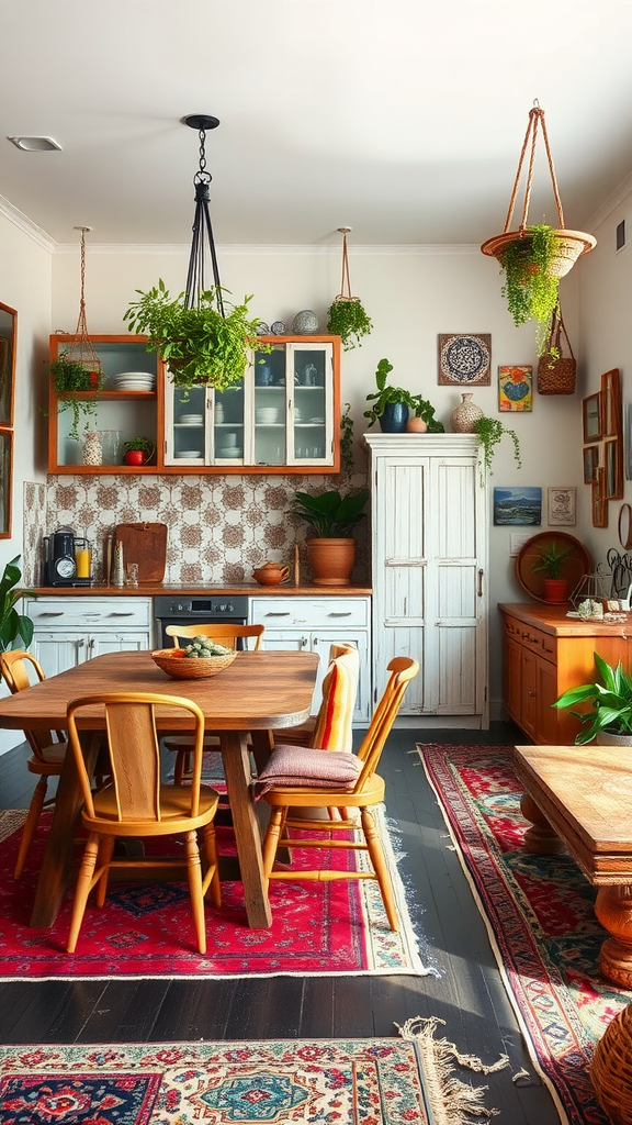 A vibrant bohemian kitchen and dining area featuring a wooden table, colorful rugs, and hanging plants.