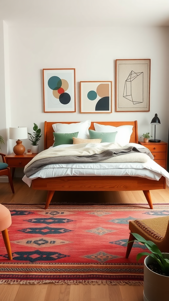 A cozy bohemian mid-century modern bedroom featuring a wooden bed frame, colorful artwork, and a vibrant rug.