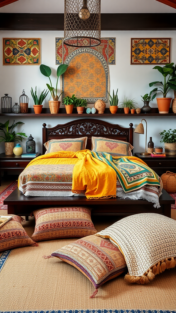 A bohemian-style Moroccan bedroom featuring colorful bedding, decorative pillows, plants, and traditional artwork.