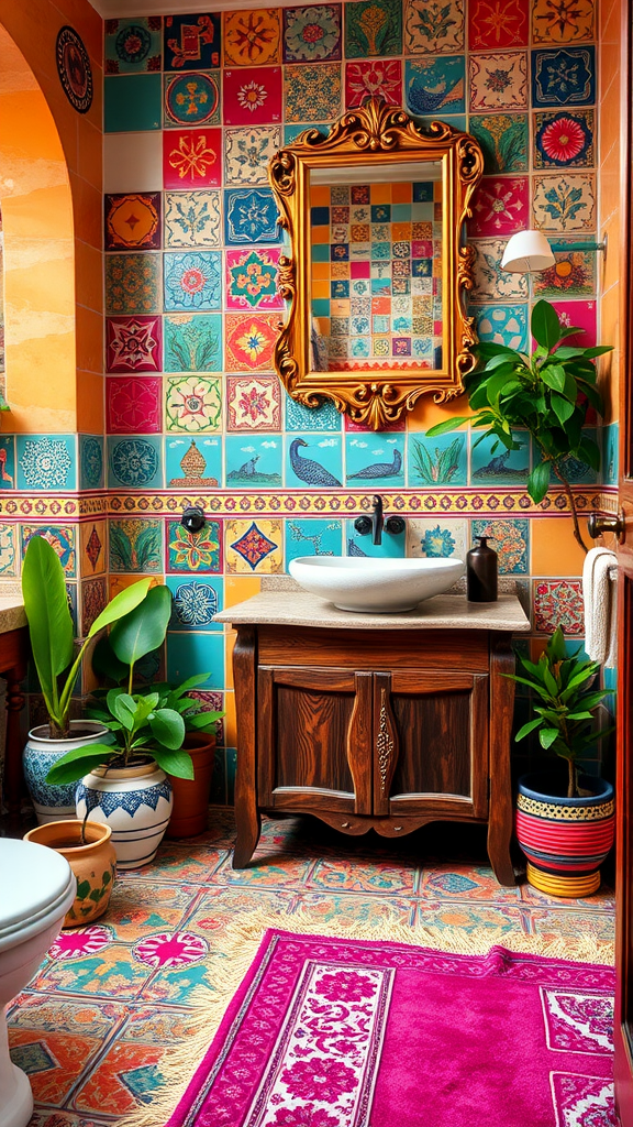 A colorful Moroccan-style bathroom featuring vibrant tiles, a wooden vanity, a round sink, and decorative plants.