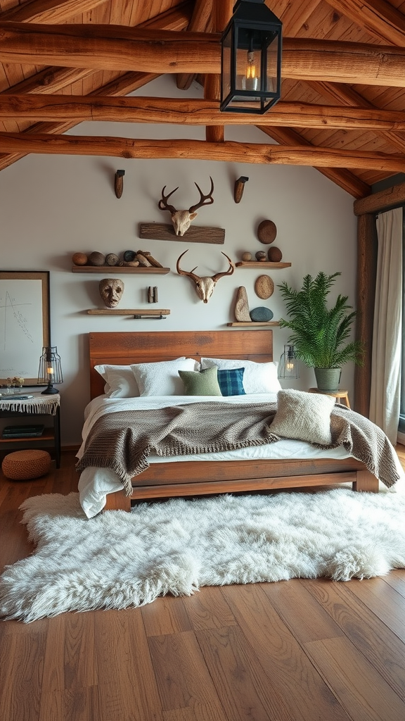 Cozy bohemian bedroom with wooden beams, a plush bed, and rustic decor