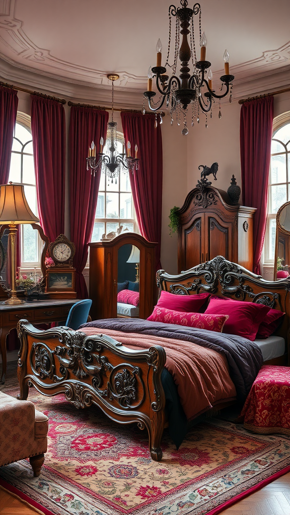 A cozy Bohemian Victorian bedroom featuring ornate wooden furniture, rich red curtains, and decorative accents.