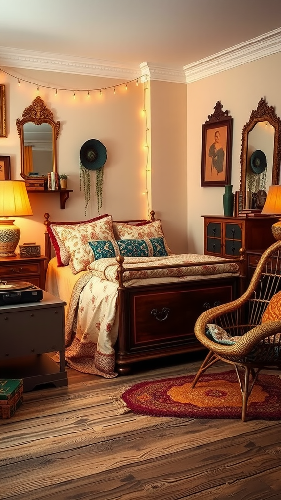 A cozy bohemian bedroom featuring wooden furniture, warm lighting, and vintage decor elements.