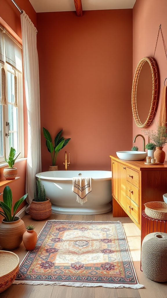 A cozy and stylish boho chic cottage bathroom featuring terracotta walls, a freestanding bathtub, wooden vanity, and various plants.