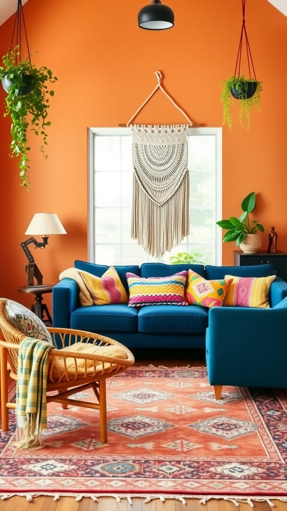 A cozy boho cottage living room with an orange wall, blue sofa, colorful pillows, and a rattan chair.