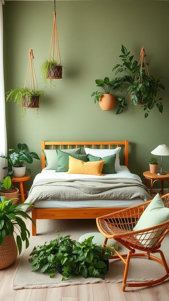 A cozy boho-style bedroom featuring green walls, a wooden bed with colorful pillows, and various indoor plants.