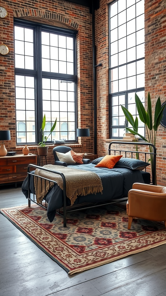 A boho industrial bedroom featuring exposed brick walls, a metal bed frame, colorful throw pillows, a vintage rug, and tall plants.