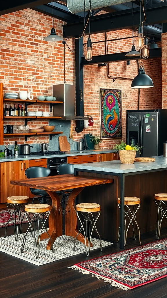 Stylish Boho Industrial kitchen and dining area with wooden table and metal stools, featuring exposed brick walls and industrial lighting.