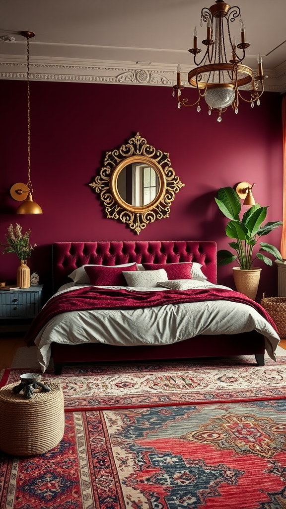 A luxurious Boho bedroom featuring a burgundy wall, tufted bed, ornate mirror, and eclectic decor.