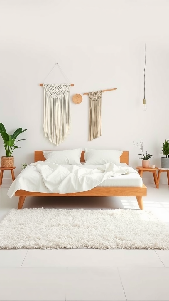 A serene bohemian minimalist bedroom featuring a wooden bed, white linens, plants, and macramé wall hangings.